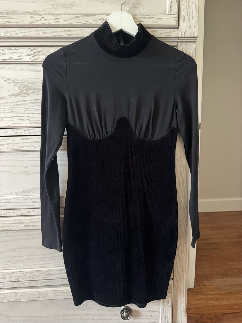 Vintage Black Long-Sleeve Velvet Mock Neck Mini Dress